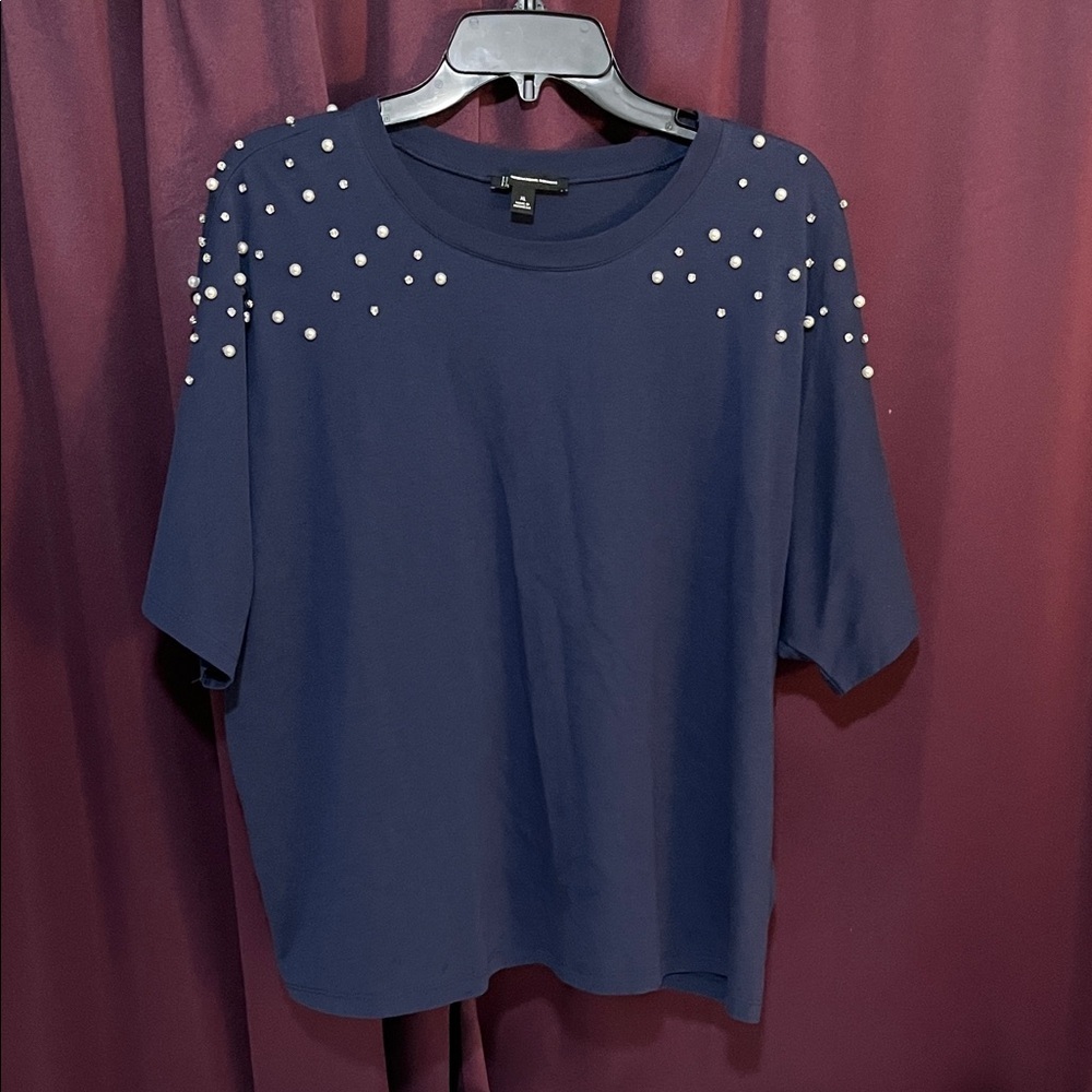 INC International Concepts Dark Blue Tee with Pearl Accents